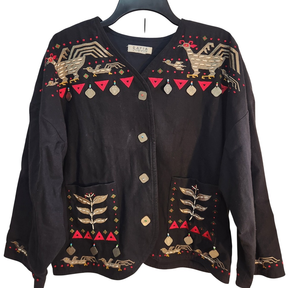 Rafia Studio Vintage Art to Wear‎ Embroidered Bird Jacket Black Metal Coins XL